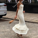 Sexy Hollow Out Sleeveless Knitted Dress Summer Solid Color Ruffle Slim Beach Dress Women's Fashion Off Shoulder Suspender Dress