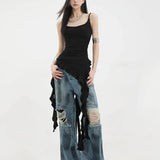 Dermearne Sexy Tank Top Asymmetrical Black Y2k Women Ruffle Grunge Backless Coquette Fashion Streetwear Tops Solid Aesthetics