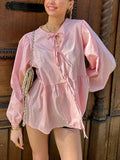 Women Lace Up Front Blouse Summer Striped Loose Fit Round Neck Long Puff Sleeve Shirts Elegant Office Lady Pullover Tops Street