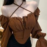 Summer Women Sweet Square Neck Slash Neck Cross Halter Strap Chiffon Shirts Puff Sleeve Slim Blouses Casual Elegant French Top