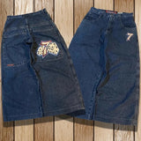 New Baggy Jeans Seven Dice Embroidery Pattern Mens and Womens Fashion Streetwear Retro Harajuku High Waisted Wide leg Jeans
