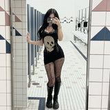 Y2K Women Streetwear Harajuku Skull Printed Sleeveless High Waist Bodycon Dress New Retro Punk Gothic Dress Grunge Rave Outfits