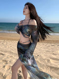 Dermearne New Bikini Women's Four-Piece Long Skirt Sexy Europe And The United States Slim Spa Resort Bathing Suit