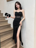 Dermearne Women's White Elegant Birthday Evening Party Strapless Long Dress Summer Black Sexy Club Backless High Split Gowns Dress Fashion