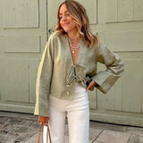 2024 Spring New Female Street Tops Green Linen Lace Up Long Sleeve For Women Fashion Chic Casual Loose V Neck Shirt