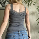 Women Lace Trim V Neck Tanks Cami Sleeveless Spaghetti Strap Crop Tops Vintage Patchwork Slim Fit Camisole Vest Tops Y2K Grunge