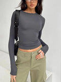Women's Slim Fit Crop Tops Casual Solid Color Crew Neck Long Sleeve Tight T-Shirt Basic Blouse Tee Tops  Streetwear