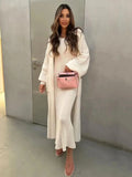 High Quality Women's Solid Color Knitted Set Sexy Long Sleeved Loose Cardigan Jacket Sleeveless Dress Casual Two Piece Set