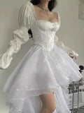 Dermearne 2024 Summer Pure Color Fairy Midi Dress Women White Elegant Evening Party Dress Beach Casual Long Sleeve Korean Fashion Dress