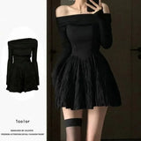 Dermearne Elegant Black Off-shoulder Slimming Short Skirt Long Sleeve Dress For Women Sensible Design Wrinkled A- line Spring Autumn