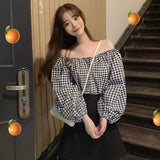Women Loose Shirt Sweet Puff Long Sleeves Casual Plaid Chiffon Korean Slash Neck Off-Shoulder Tops Summer Hottie's Tees