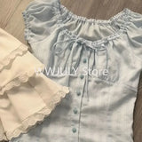Dermearne Summer New Elegant Sweet Square Collar Lace Up Blouses Ruffles Shirts Women Y2k E-Girl Short Sleeve Slim Fit Tops Mujer