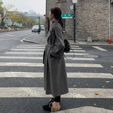 Woolen Coat Slim Belt Fashion Office Lady Elegant  2024 Autumn Winter New   Outerwear Chic Overcoat Korean V17