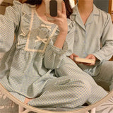Dermearne Autumn Ins Plaid Couple Pajamas Hit Color Lotus Leaf Plaid Pajamas Home Clothing Set Sleepwear Pijamas Women Clothes for Women