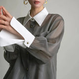 Vintage Blouses Women Elegant Sun Proof Sheer Long Sleeve Shirts Office Lady Korean Patchwork Loose Casual Sunscreen Tops