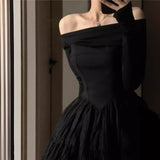 Dermearne Elegant Black Off-shoulder Slimming Short Skirt Long Sleeve Dress For Women Sensible Design Wrinkled A- line Spring Autumn