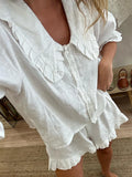 Ruffles Doll Collar Shorts Women's Summer Suit 2024 Button Short  Puff Sleeve Ladies Shirts Set Loose Single Breasted Streetwear