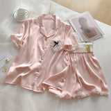 Women's Solid Satin Pajamas Set Short Sleeve Top And Shorts Sleepwear 2 Piece Set For Women Home Casual Lace Silk Loose Suit