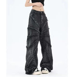 Streetwear Vintage West Coast fashion hole style Baggy washed jeans Y2K women's hip-hop mopping pants Gothic new straight pants
