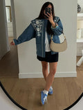 Women Warm Print Blue Pocket Cotton Coat Fashion Chic Round Neck Long Sleeve Jacket 2024 New Casual Female High Street Outerwear