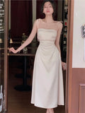 Summer Women Spaghetti Strap Elegant Midi Satin Dresses Vintage Wedding Evening Birthday Holiday Beach Backless Prom Clothes New