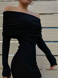 Dermearne Spring New Knitted Sexy Bodycon Mini Dress Women Vintage Off Shoulder Slim Short Party Dresses Slim Sheath