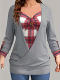 DERMEARNE Plus Size 2-in-1 Grey Plaid Print T-Shirt Casual Button Long Sleeve Top for Spring & Fall Women's Plus Size Clothing 2024
