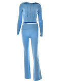 Women Fall 2 Piece Outfits Ribbed Knit Slim Fit Long Sleeve Zip Up Crop Jacket Skinny Flare Pants Loungewear Sets
