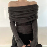 Women Knitwear Elegant Sweater Long Sleeve Slash Neck Solid Off Shoulder Thin Pullovers Office Lady Tops Fall Winter