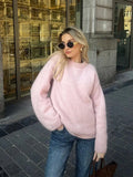 Pink Cashmere Woolen Loose O Neck Knitted Pullover 2024 New Solid Loose Long Sleeve Knit Sweaters Autumn Winter Streetwear Pull