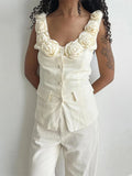 3D Rose Flower Sleeveless Vests Women 2024 Slim Fit V-neck Flowers Tops Summer Sexy Chic  Single-Breasted Casual Outwear