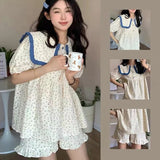 Summer Floral Pajamas Set Short Sleeve Tops Shorts 2Piecs Sweet Cozy Sleepwear