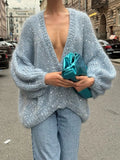 Elegant Shiny Fluffy Mohair Women's Sequin Cardigan Loose V Neck Lantern Sleeves Single Breasted Coats Female Chic Knitwear 2024