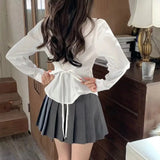 White Bandage Shirt Women Slim Long Sleeve Cute Top Designer Korean Tunic Youthful Elegant Blouse Female Button Up Lady Office