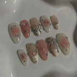 Dermearne 24Pcs Pink Almond French Press on Nails With 3D Bow ripple charms Design Fake Nails Ballerina False Nails Full Cover Nail Tips