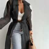 Lapel Shirt Coat Net Yarn Beach Coat See Through Women Coat Spring Summer Outdoor Top Lace-up Long Shirt for Daily Wear
