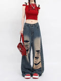 American Retro Jeans Loose Wide-leg Jeans Women Blue Hole Look Thin Trendy All-match Wide Leg Straight Mopping Pants Women 2024
