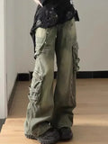 Dermearne Loose Retro Washed Cargo Jeans Streetwear Women Zipper Baggy Pants Hiphop Straight Pants Multi-pocket Wide Leg Jeans Women