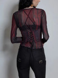 Coquette Sexy Tie Dye Mesh Tops Women Y2k Bandage Crop T Shirts Harajuku Gothic Grunge Aesthetic V Neck Long Sleeve Tees