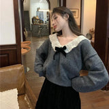 Korean Style Sweaters Women Kawaii Sweet Pullovers Grey Bow Knited Crop Tops Vintage Patchwork Sweater Autumn Winter