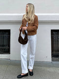 Vintage Brown Women's Lapel Suede Leather Jacket Fashion Single Breasted Pockets Slim Coat 2024 New Female Autumn Chic Outerwear