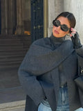 Dermearne Women Fashion Scarf Decorated Woolen Jacket Casual Solid Long Sleeve Loose Warm Overcoat 2024 Autumn Winter New Lady Chic Coat
