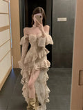Sexy Romantic Slash Neck Dress for Women 2024 Summer New Casual Slim Fit Ruffles Dresses Y2k E-Girl Long Sleeve Vestidos Mujer