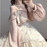 Dermearne Spring Sweet Bow Corduroy Long Sleeve Tops Women+ Y2k Gentle Slim Waist Bottoming Camisole Floral Dress Two Piece New Sets