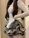 Dermearne 2 Piece Sets Women Y2K Outfit Off Shoulder Top Skirt Set Two Piece Set Korean Style Party Holiday Look Sexy Wear Matching Set