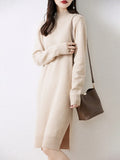 Women's Sweater Dress 100% Merino Wool Knitwear Mock Neck Pullover Cashmere Split Solid Soft Basic Autumn Winter Skirts Clothing