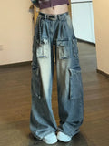 Woman High Waist Multi Pockets Jeans Design High Street Patchwork Cargo Pants Female Hip Hop Washed Loose Retro Punk Trousers
