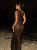 Sexy Sleeveless One Shoulder Printed See Through Mesh Dresses for Women 2024 Summer High Slit Slim Black Beach Holiday Dress
