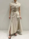 Women Suits Zipper Sleeveless Jacket Vest +High Waist Lace-up Split Pocket Mid-calf Skirt Summer New Tide Streetwear