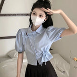 Elegant Women Bow Shirt Korean Fashion Design Chic Tops Y2K Casual Female All Match Puff Sleeve Shirt Summer New